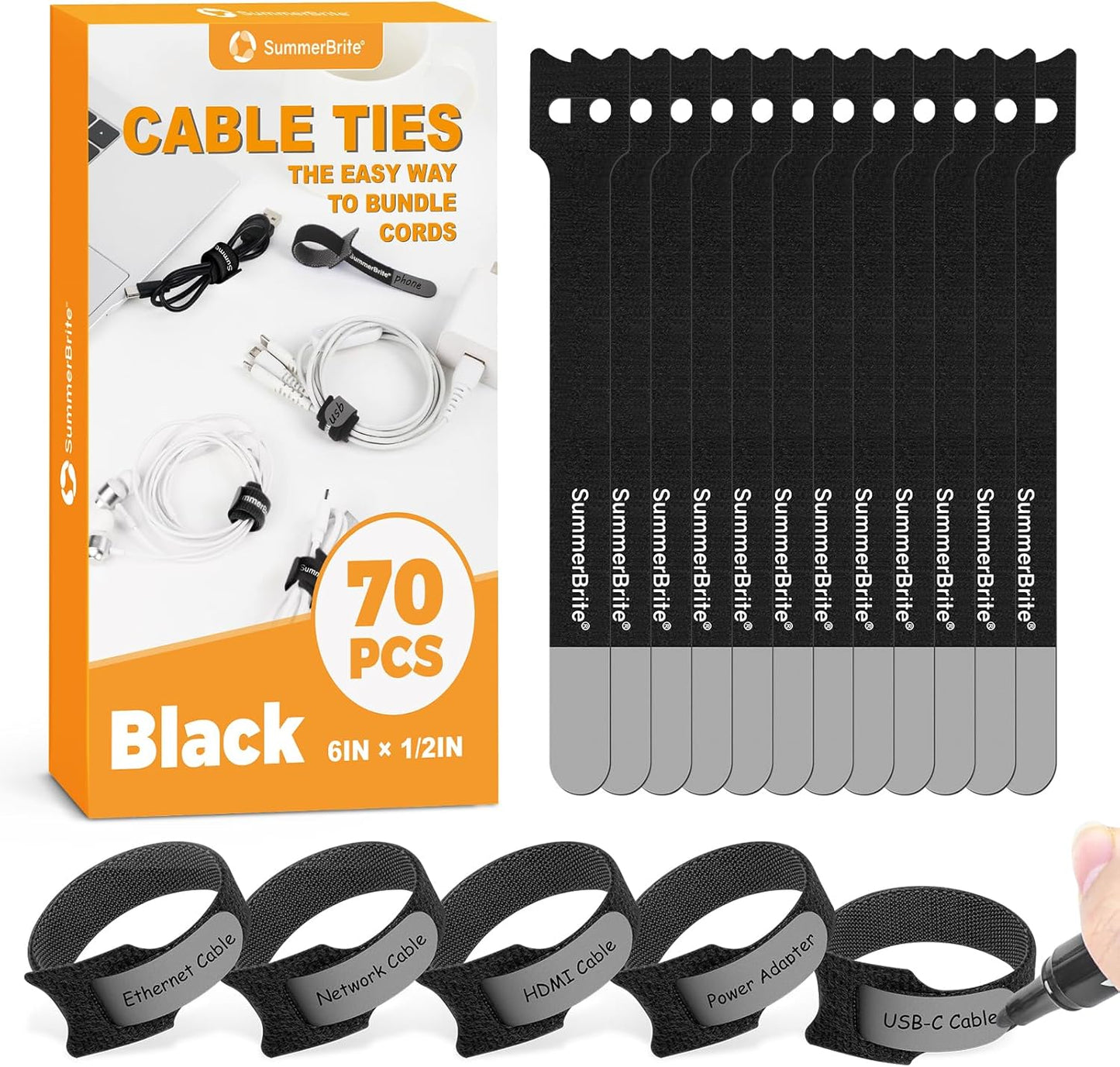 SummerBrite 70 Pack Black Cable Ties 6 Inch with Writable Labels, Reusable Cable Management Straps, Hook and Loop Cord Organizer for Home Office, PC Desk Setup, Electronics & Travel Wire Management