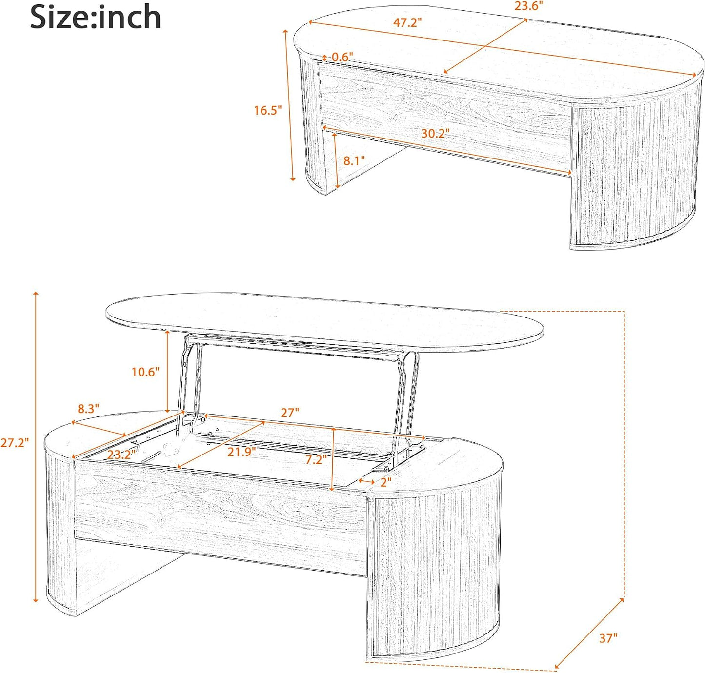 47.2" Lift Top Coffee Table with Hidden Compartment, Modern Oval Fluted Wooden Center Table Cocktail Tea Table with Curved Safety Corners and Adjustable Height for Living Room, Light Brown