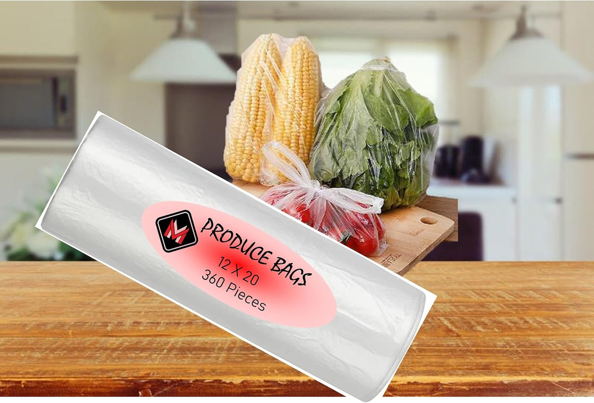 Mr Miracle Plastic Produce Bags for Food Storage - 12"x20" Clear Grocery Bag for Fruits, Vegetables, Bread - Easy Peel-Off Design, Continuous Roll, 1.75" Core, Pack of 360 Bags [1 roll]