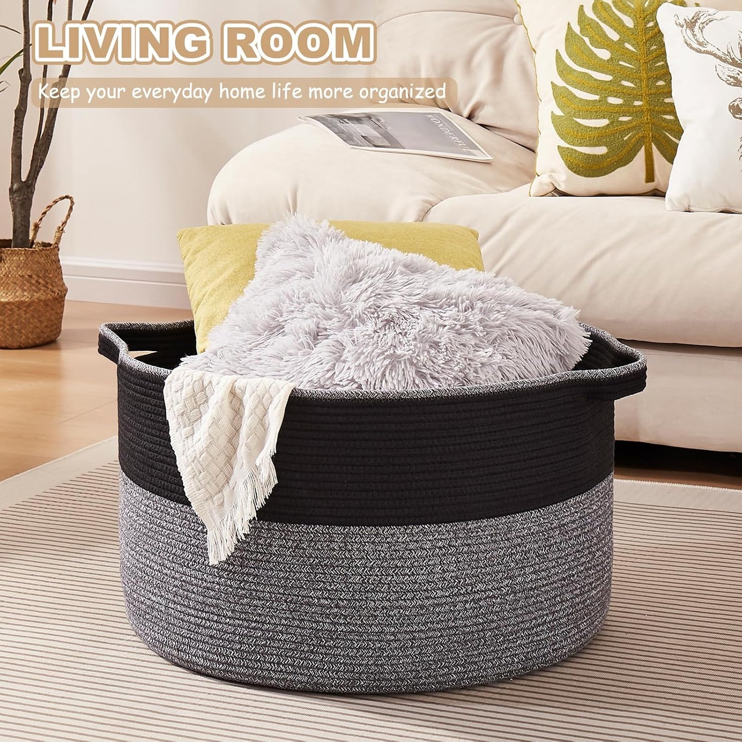 OIASKET Large Blanket Basket with Handles, 22.8" x 22.8" x 13" Woven Storage Basket for Living Room, Cotton Rope Baby Toy Storage for Clothes, Pillows, Towels-Black and Grey