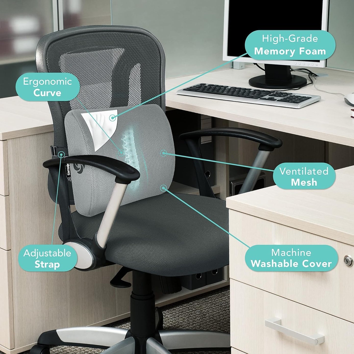 Samsonite Memory Foam Lumbar Support Pillow for Office Chair, Gaming Chair & Car Seat Automotive Use, Ergonomic Back Cushion, Work from Home Essentials, Office Essentials for Sitting Comfort, Grey