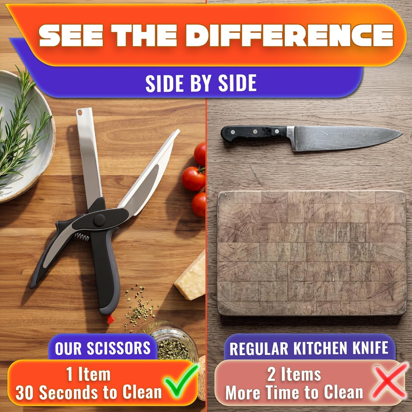 2 in 1 Kitchen Scissors for Food – Stainless Steel 9.5" Tomato Knife Chops Vegetables, Fruit, Cheese, Meat in Seconds | Dishwasher Safe Cutting Board Scissors with Safety Lock – Kitchen Gift for Dad