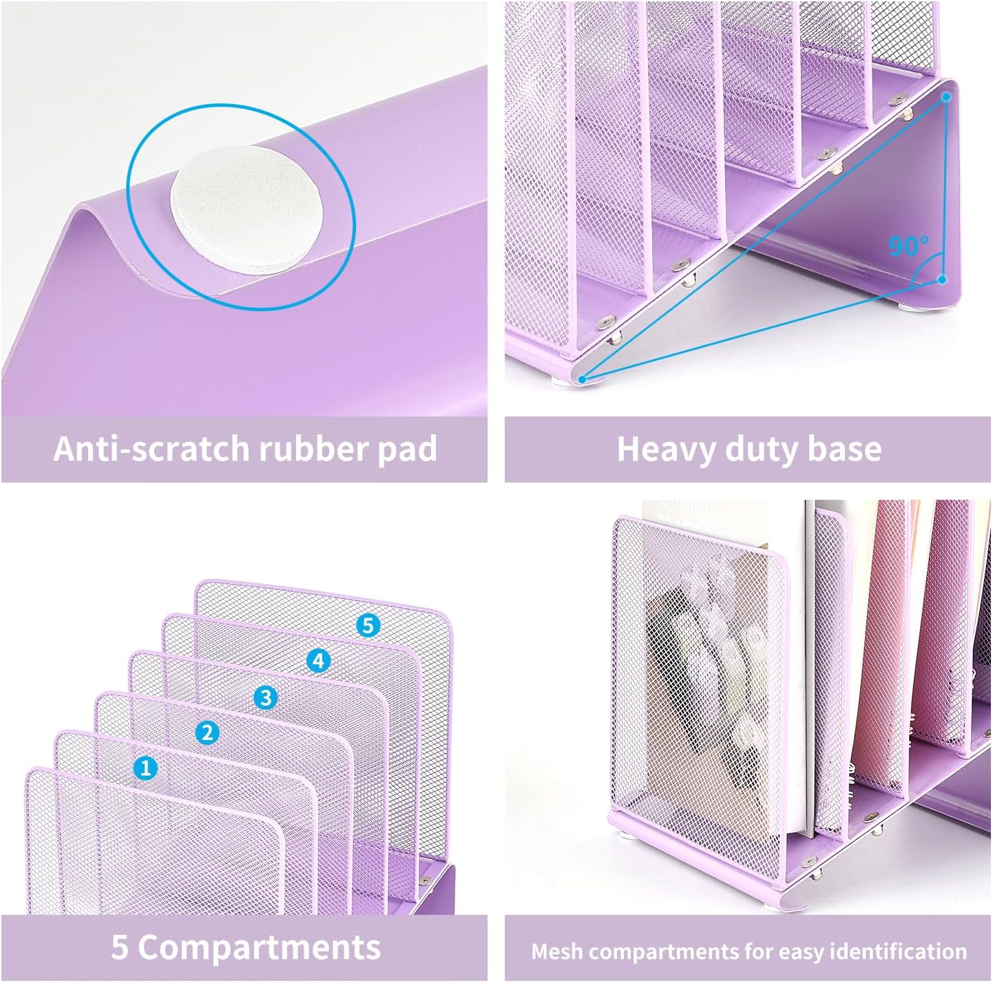 LEKETREE Purple File Organizer for Desk, Desk Organizer with 5-Section Vertical File Rack, File Folder Organizer (Purple)