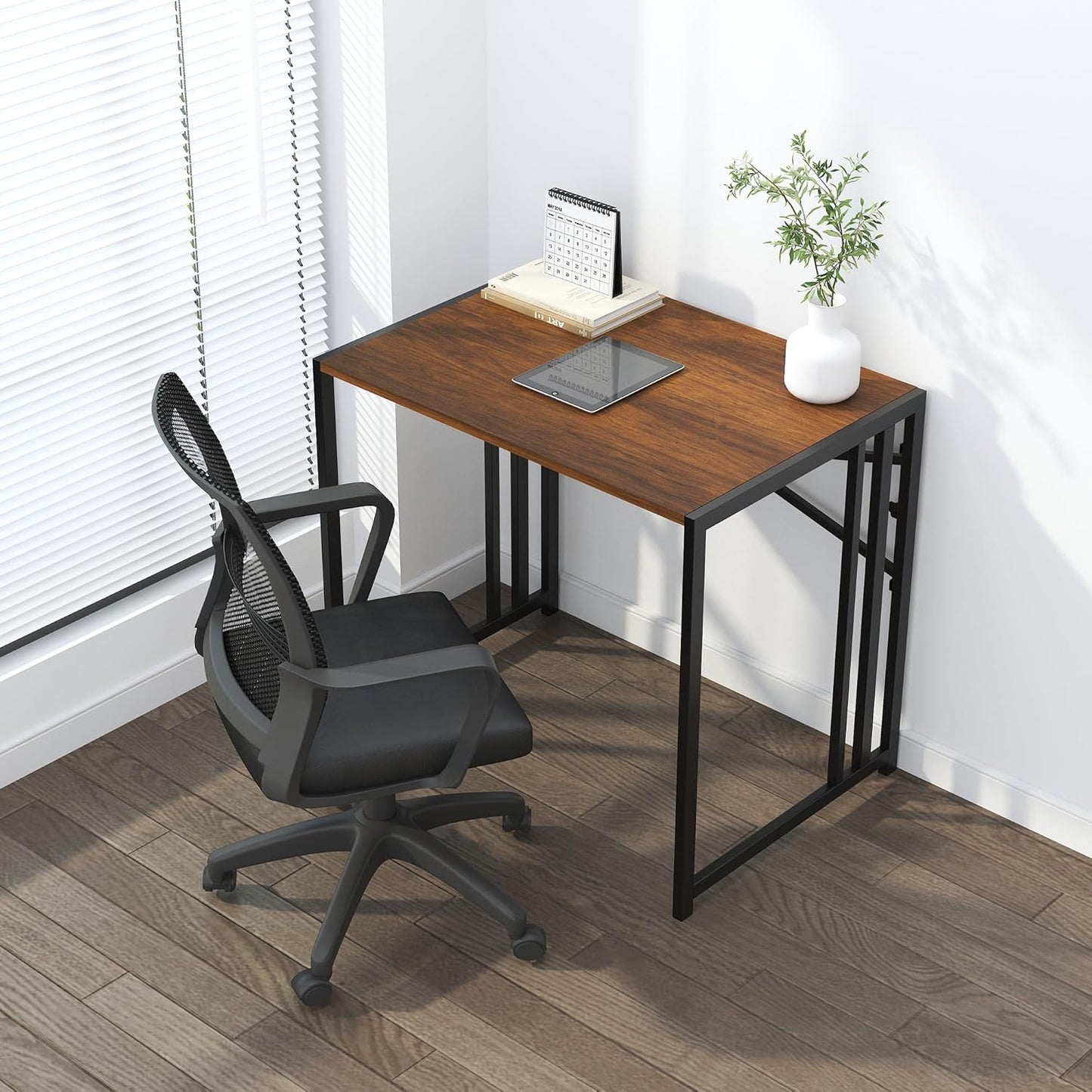 Lutown-Teen 32 inch Folding Small Desk, Writing Gaming Computer Camping Desk for Small Spaces, No Assembly Required Home Office Desk, Mahogany