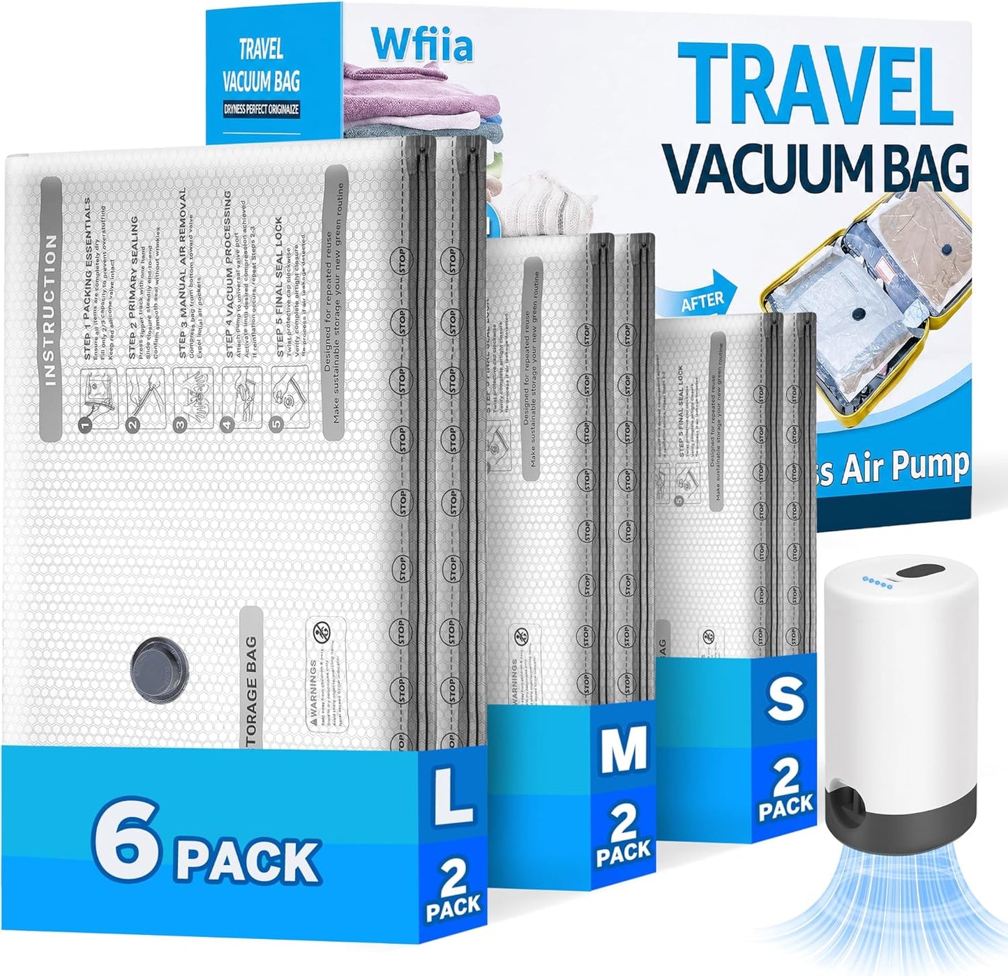 15 Packs Vacuum Bags for Travel with Rechargeable Pump, 3 Sizes Vacuum Seal Bags for Clothing, Compression Vacuum Travel Bags for Luggage, Vacuum Packing Bags for Closet Organization