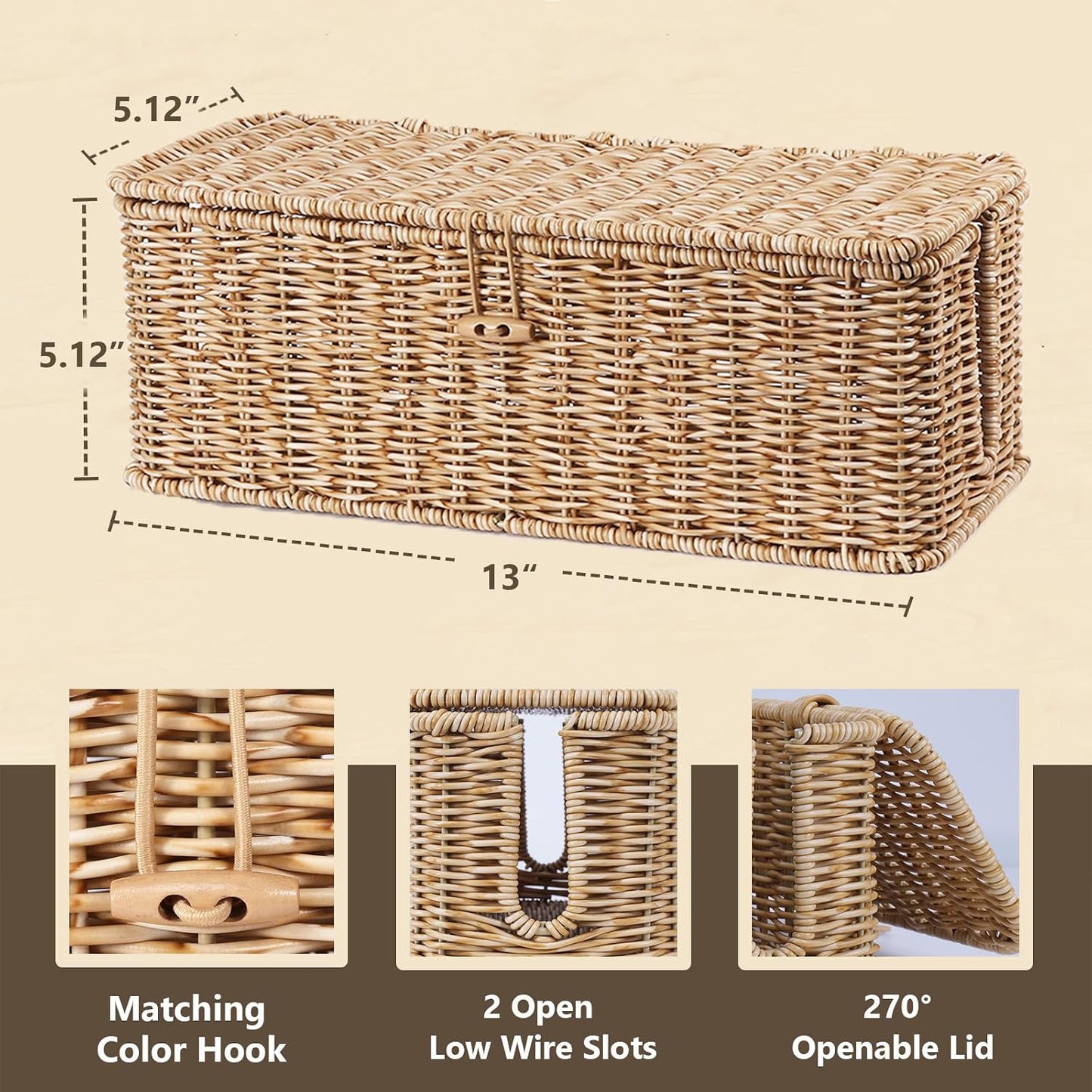 Cable Management Box, Cord Organizer with Lid & Cable Ties - Natural, M | Handmade Open Slots Cord Hider Outlet Covers for Power Strip TV PC Router Charger Under Desk Storage