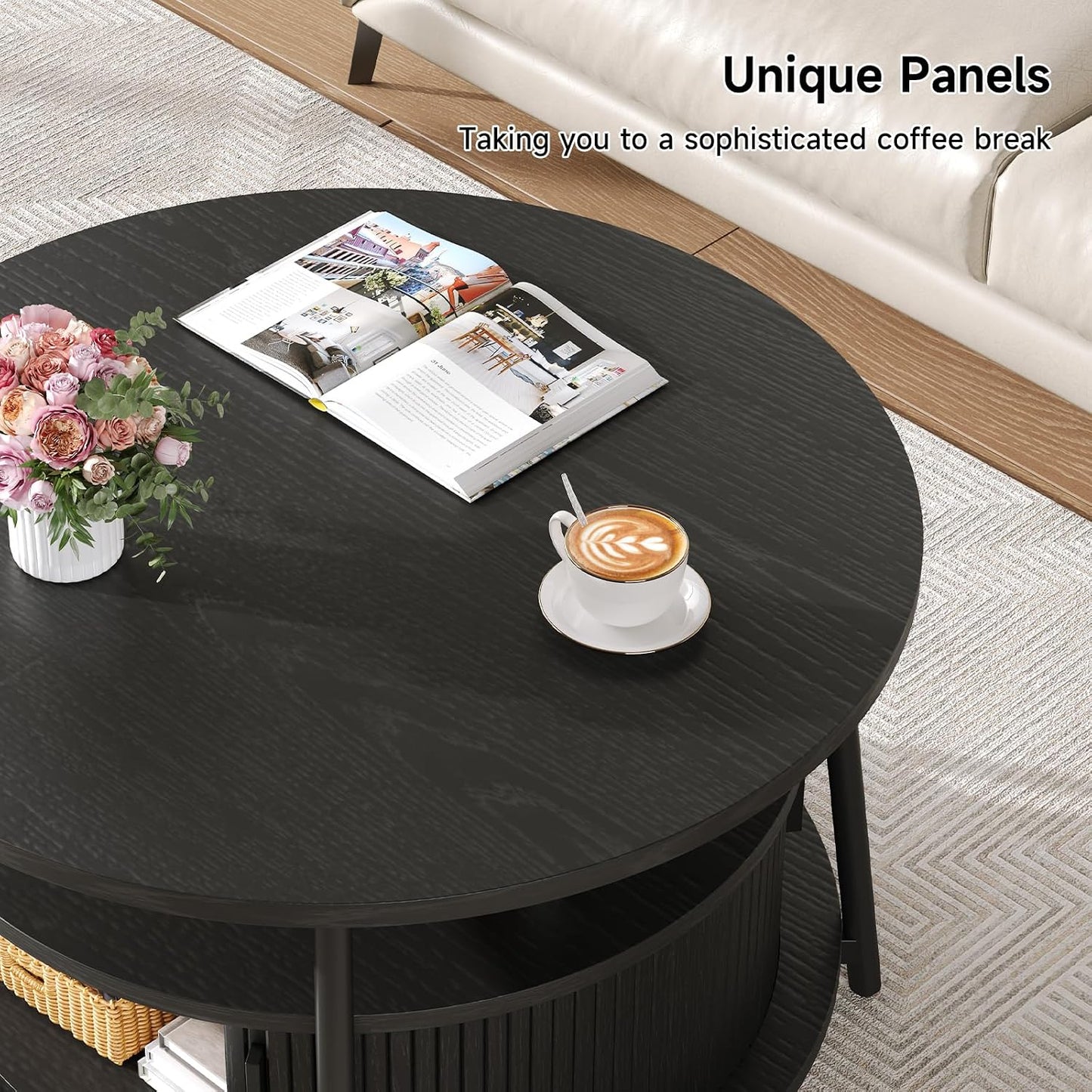 ONBRILL 31.5" Round Coffee Table with Storage and 2 Tiers, Black | Mid-Century Modern Center Table with 2 Sliding Doors and Adjustable Footpad for Living Room