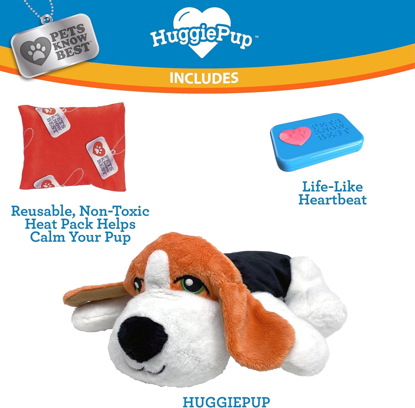 HuggiePup by Pets Know Best- Cuddly Puppy Behavioral Aid Toy, Great for Crate Training- Pulsing Heartbeat, Heating Pack- Multicolor Hound Dog