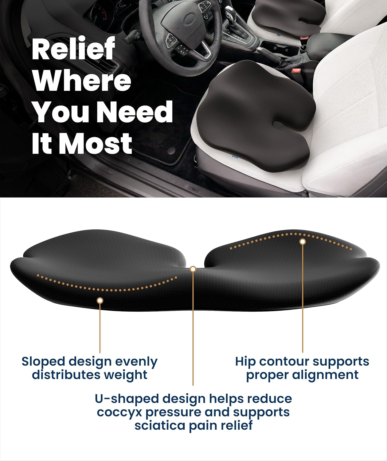 Everlasting Comfort Car Seat Cushion for Driving - Orthopedic Car Cushion for Office, Travel, Gaming Chair Memory Foam Driver Booster for Short People, Non-Slip, Washable Cover, Back & Sciatica Relief