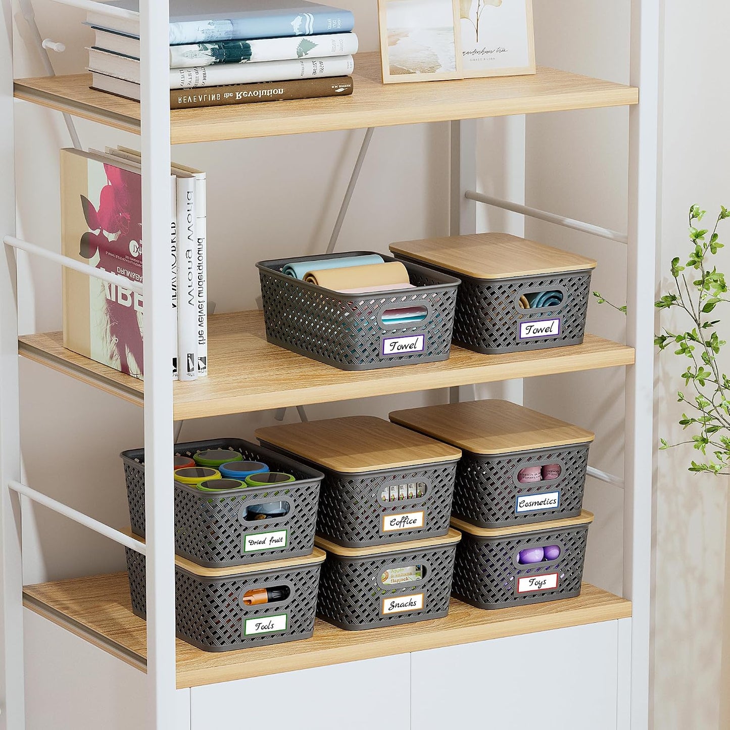 Anysig 8 Pack Plastic Storage Bins with Bamboo Lids, 5.2 QT Stackable Bins