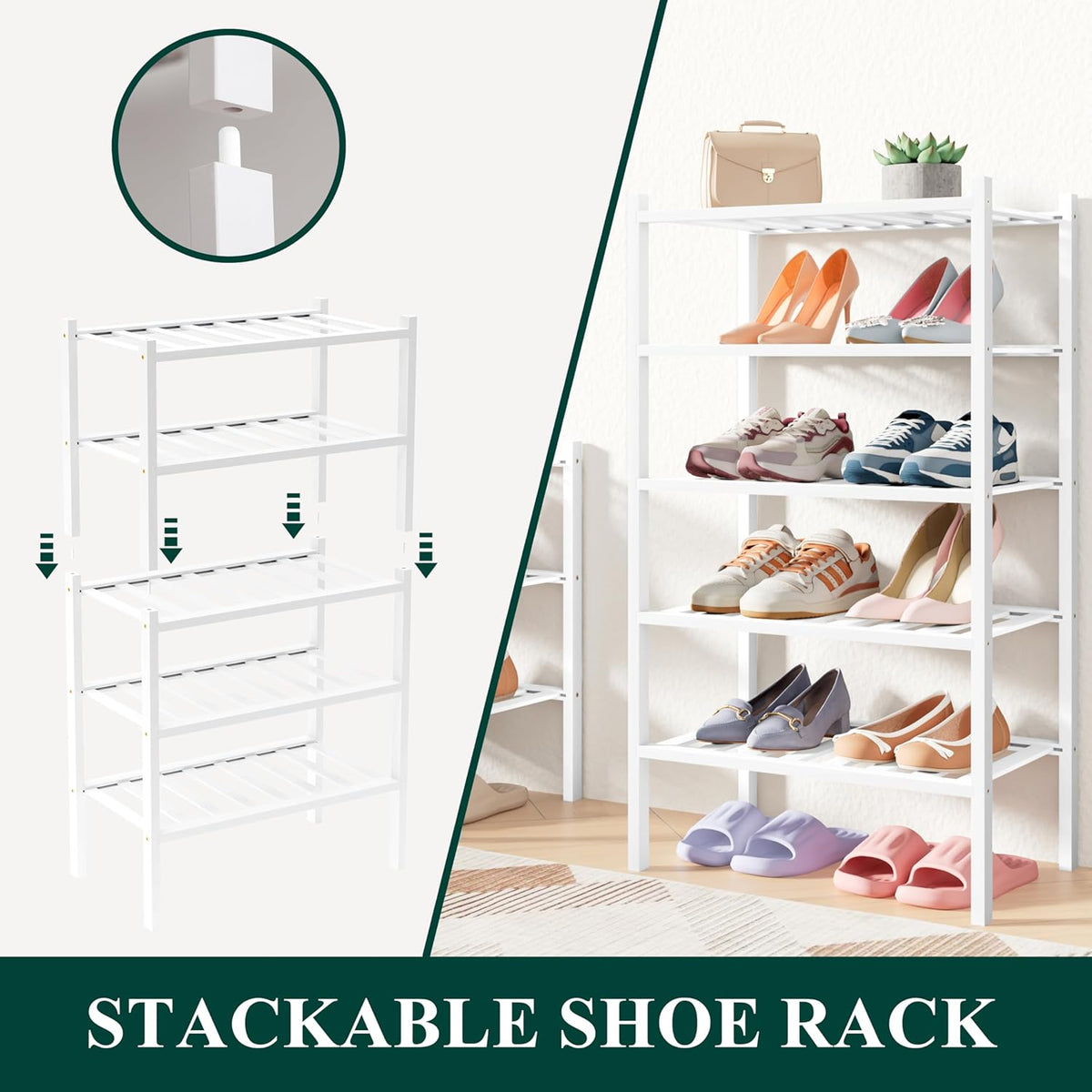 Smiry Bamboo Shoe Rack for Closet, 2 Tier - 33.86" Wide, White