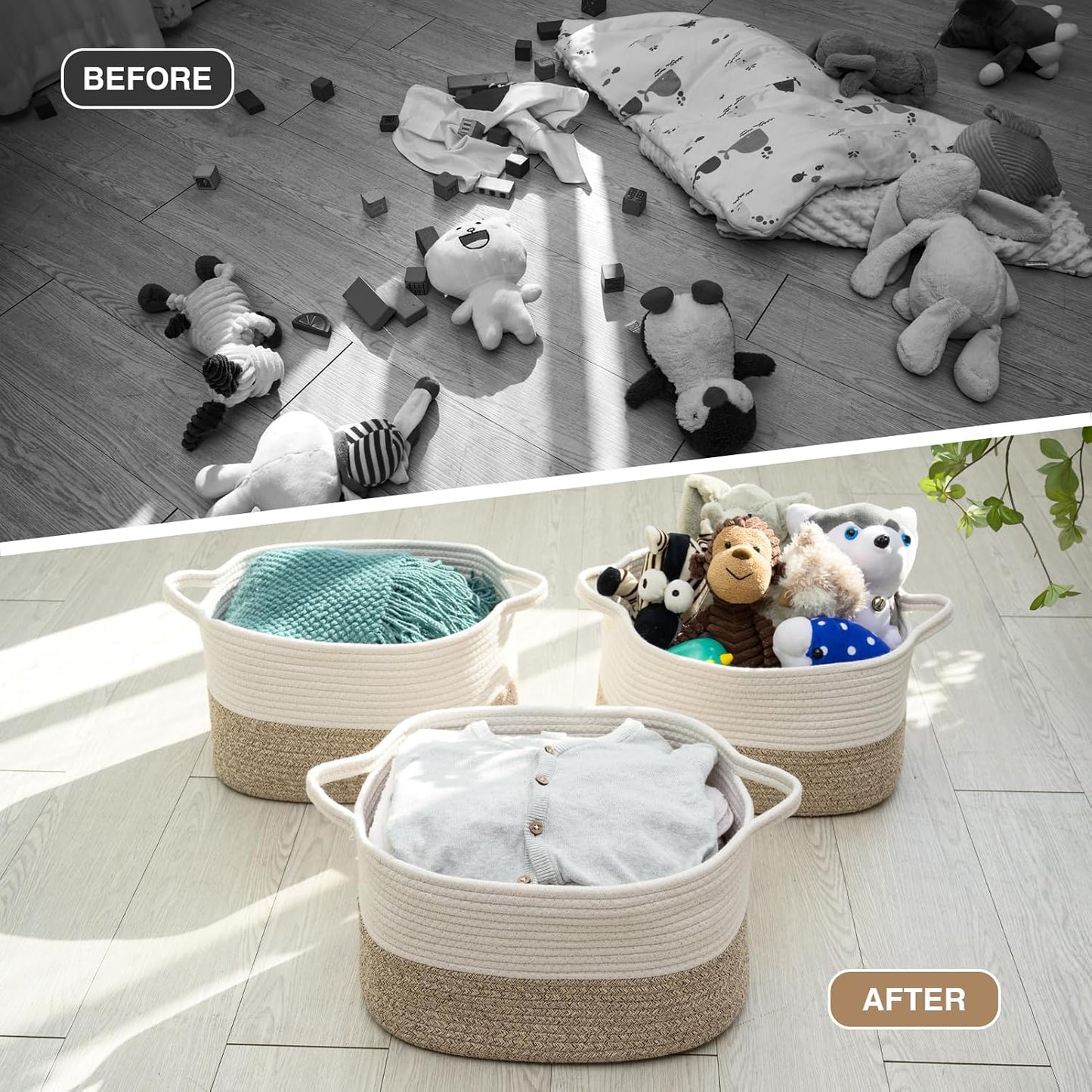 DUHEL Cotton Rope Woven Storage Basket (White&Brown-3PCS) | Used for Baby Hamper Toy Organizer, Gift Baskets Empty,Kids,Baby,nursery. Size 15x10x8.7 Inches.