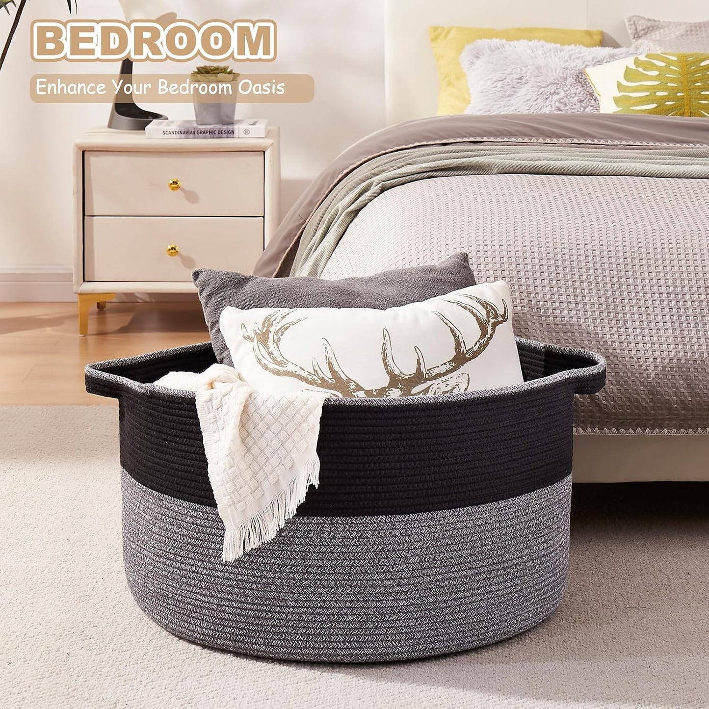 OIASKET Large Blanket Basket with Handles, 22.8" x 22.8" x 13" Woven Storage Basket for Living Room, Cotton Rope Baby Toy Storage for Clothes, Pillows, Towels-Black and Grey