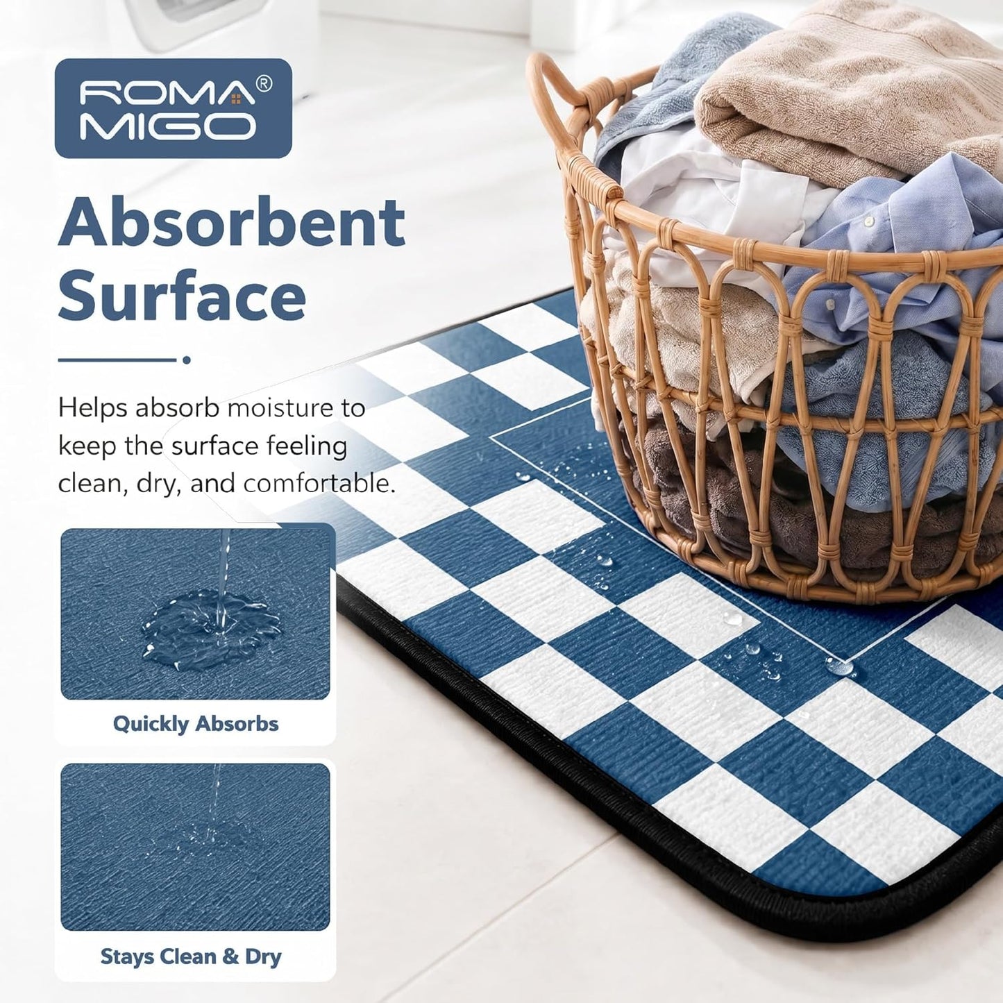 ROMAMIGO Laundry Room Rug Runner Non Slip Laundry Mats Mudroom Laundromat Runner Farmhouse Kitchen Floor Mat Bathroom Laundry Room Decor Accessories(20 X 47 inch, Blue Checkerboard)