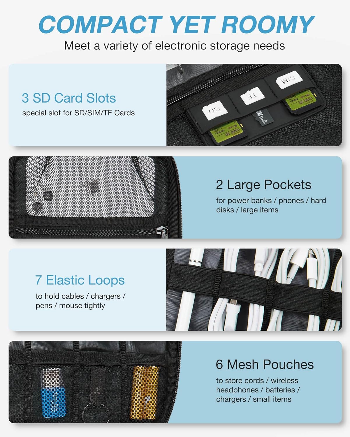 BAGSMART Large Electronics Travel Organizer Case, Tech Accessories Cord Storage Bag for Phone, Power Bank, SD Card, Cables, Grey