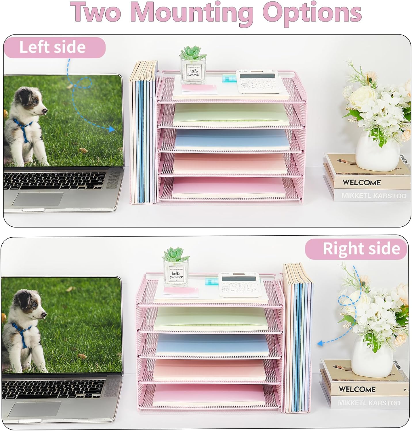 OPNICE Desk Organizer, 5-Tier Paper Organizer Letter Tray with Magazine Holder, Office Desk Accessories & Workspace Organizers, Desktop File Organizer for Office Supplies Storage, Pink