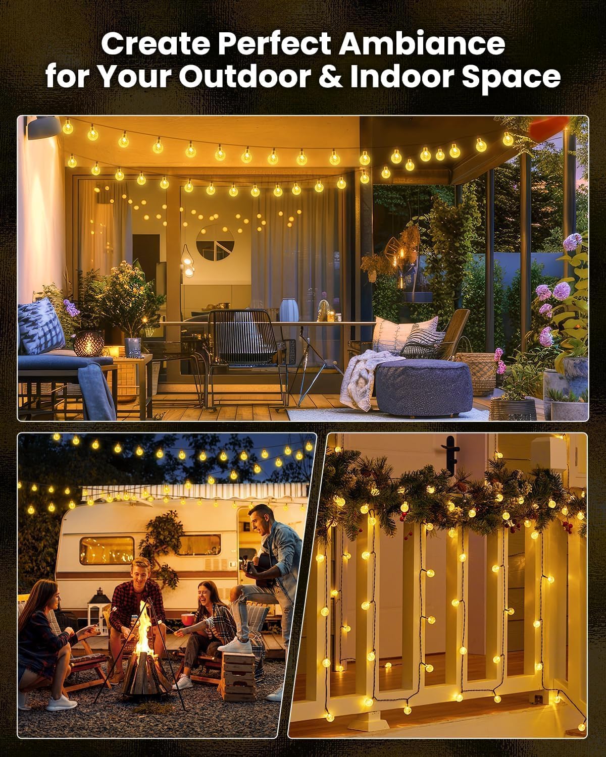 Brightown Solar String Lights Outdoor Waterproof, 2 Pack 60 LED 36.5 FT Each, Solar Powered Patio Lights with 8 Lighting Modes for Garden Yard Porch Wedding Party Decor (Warm White)