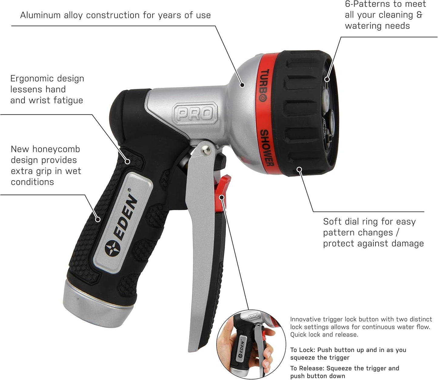 Eden PRO 94833 Metal Front Trigger 6-Pattern Turbo Nozzle | Heavy-Duty Hose Sprayer for Garden, Lawn, Plants, Outdoor Cleaning, Durable Aluminum Core, Quick Connect Set Bundle