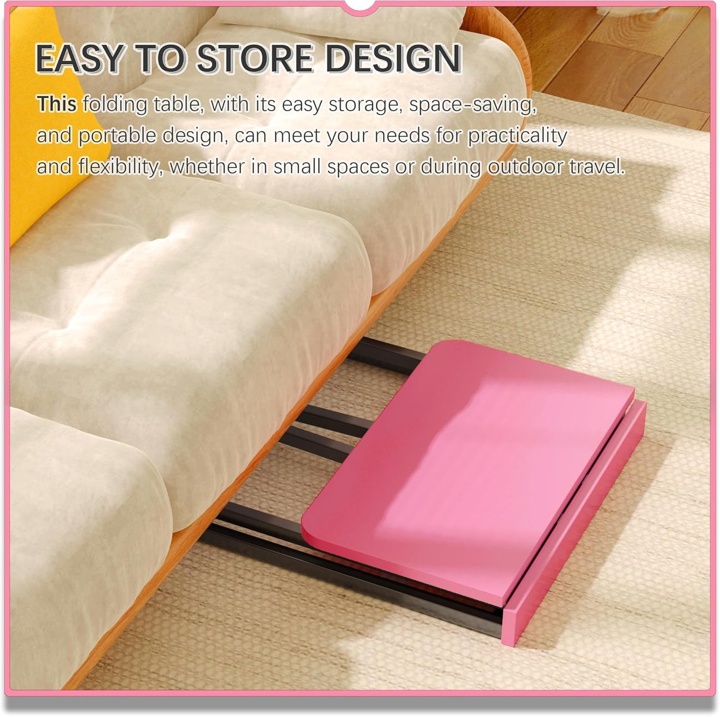 4NM 23.6" Mobile Small Folding Desk, Foldable Rolling Computer Home Office Desk, Study Writing Table for Small Space Saving Bedroom, with Wheels - Pink and Black