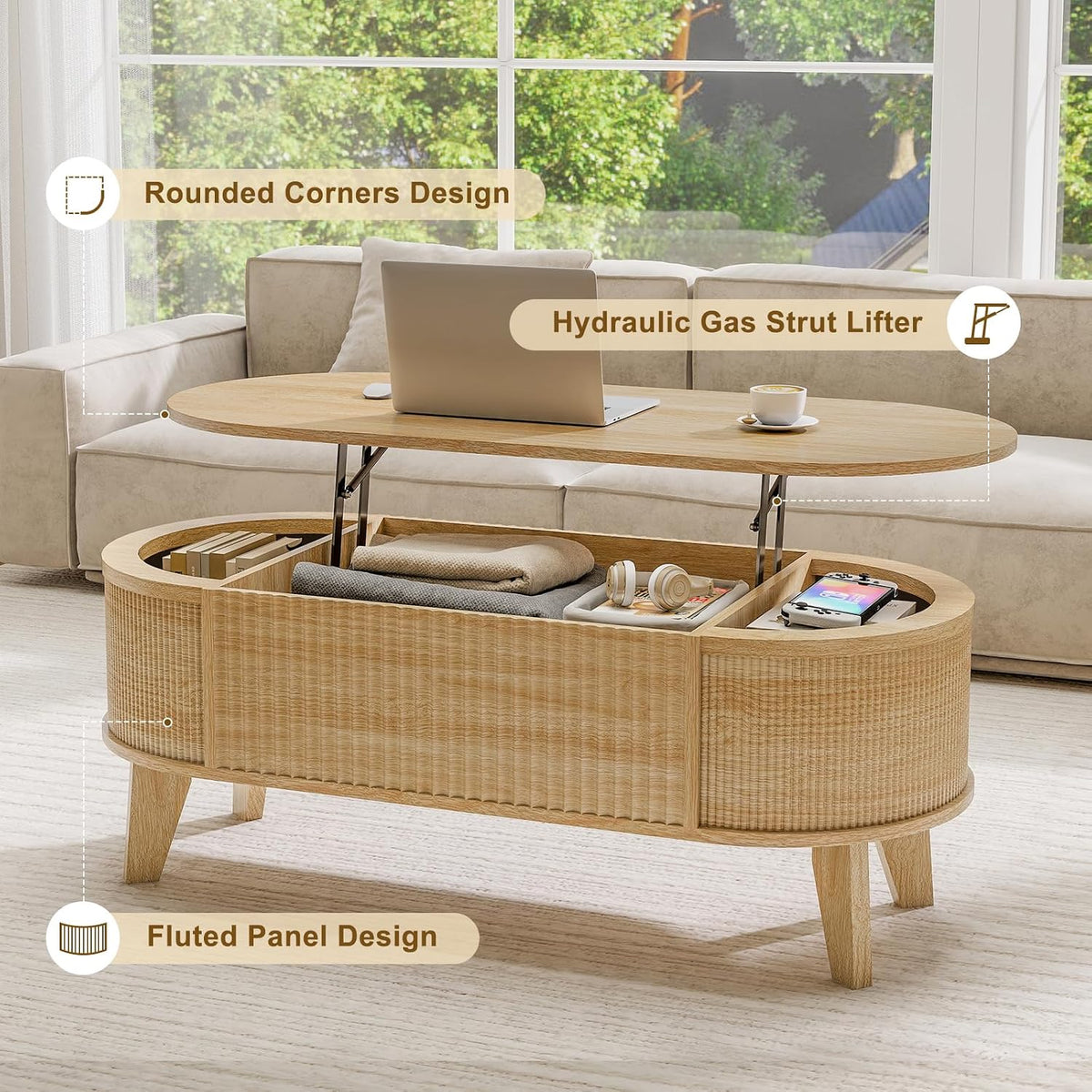LYNCOHOME 43.3" Fluted Lift Top Coffee Table for Living Room, Oval, Oak