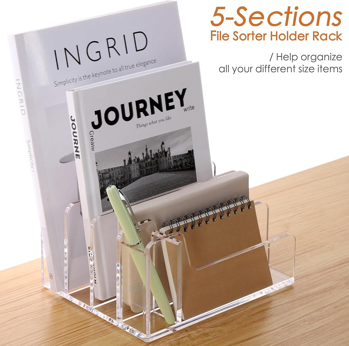 SANRUI Acrylic Mail Organizer with Pen Holder, Clear Mail Sorter, 4-Slot