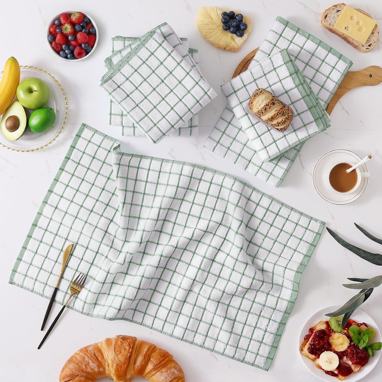 Homaxy Premium Kitchen Towels(16”x 28”, 6 Pack), Large Ring Spun Cotton Dish Towels, Super Absorbent Soft Terry Kitchen Hand Towels, Check Design Tea Towel Set with Hanging Loop, Grass Green