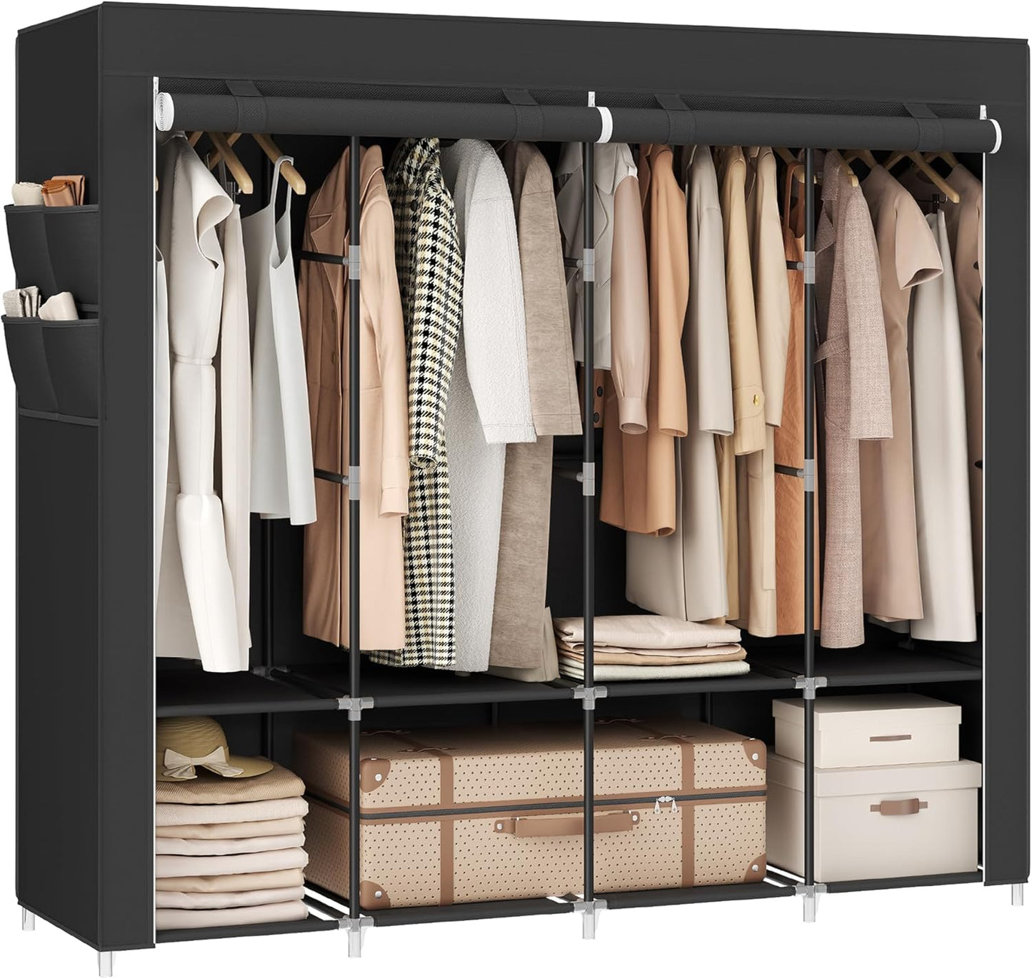 SONGMICS Portable Closet, Wardrobe Closet Organizer with Cover, 4 Hanging Rods and Shelves, 4 Side Pockets, 17.7 x 66.9 x 65.7 Inches, Large Capacity for Bedroom, Living Room, Ink Black URYG094B02