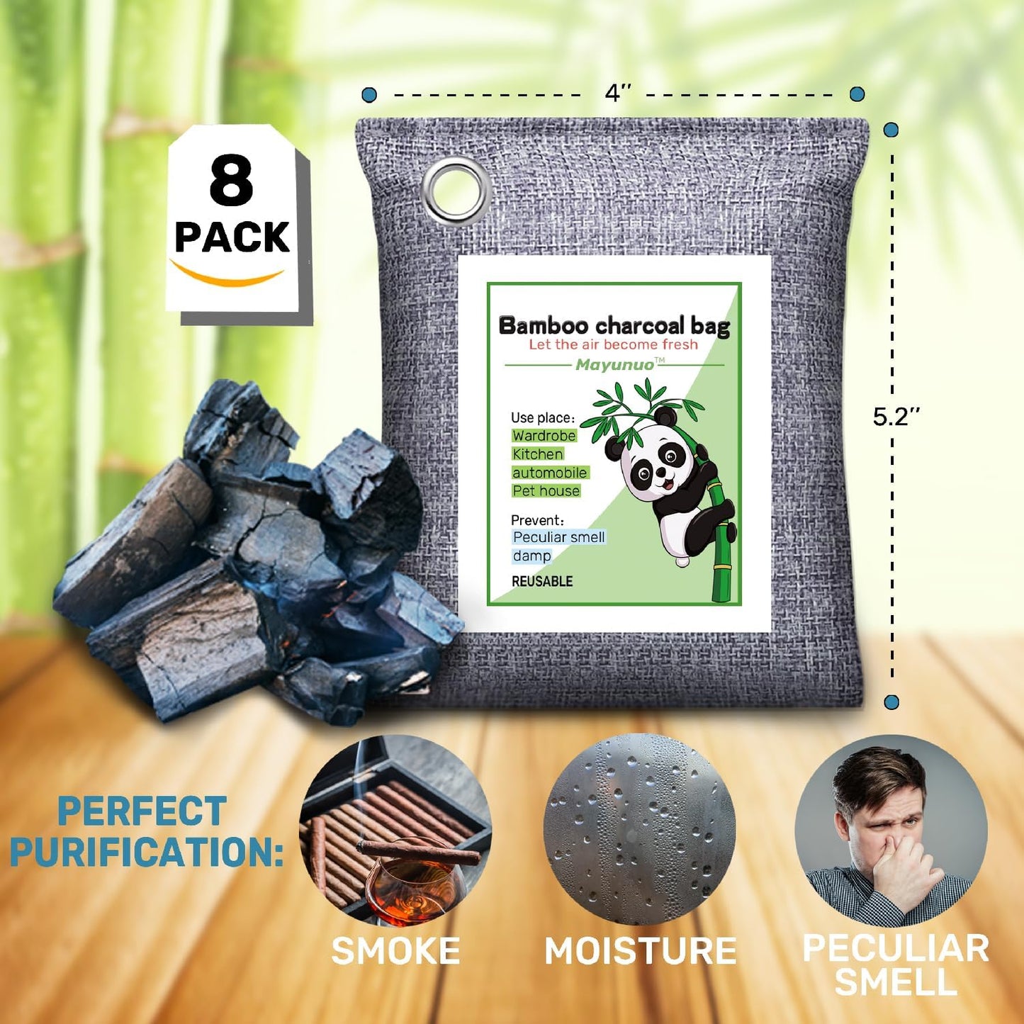 Activated Charcoal Odor Absorber for Strong Odor, Basement, Cars, Closets, Shoes, Smoke. 8 Pack Bamboo Charcoal Air Purifying Bags Deodorizer Odor Eliminator for Home