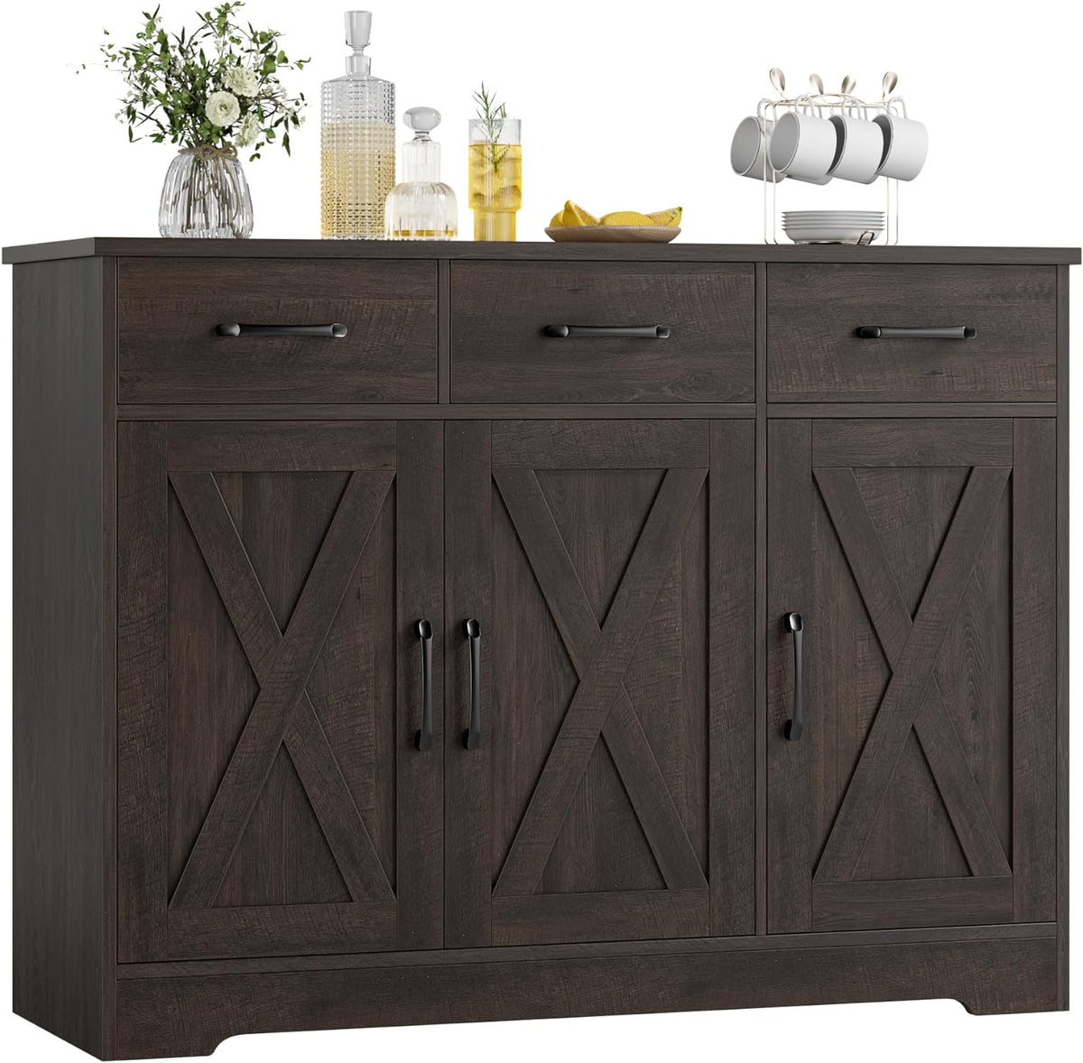 HOSTACK Kitchen Buffet Cabinet with Storage, Sideboard Coffee Bar, Brown | Farmhouse Kitchen Storage Cabinet with 3 Drawers & Adjustable Shelf & Doors, 42.5"W Buffet Table for Dining Living Room