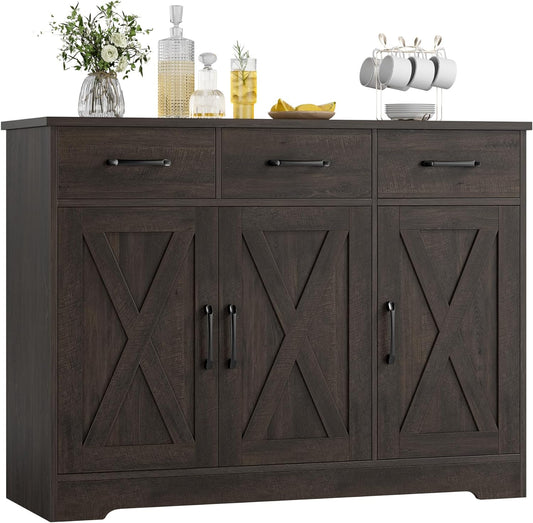 HOSTACK Kitchen Buffet Cabinet with Storage, Sideboard Coffee Bar, Brown | Farmhouse Kitchen Storage Cabinet with 3 Drawers & Adjustable Shelf & Doors, 42.5"W Buffet Table for Dining Living Room