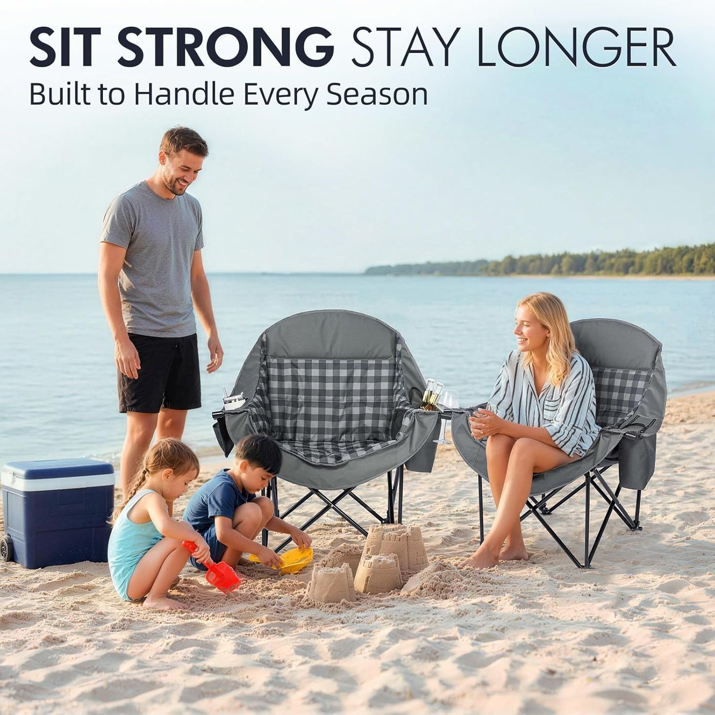 Oversized Camping Chair for Adults - Heavy Duty Outdoor Padded Large Lawn Camp Chair with Cup Holder Cooler Pockets for Sports Beach Fishing Garden Portable Supports 500lbs, Grey 2 Pack