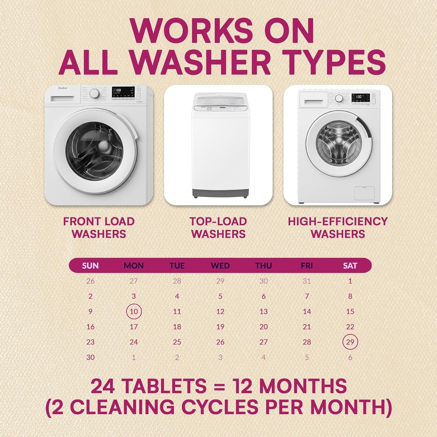 Washing Machine Cleaner Tablets Unscented 24 Pack Residue-free Laundry Washer Cleaner for HE Front Load, Top Load Washing Machine Cleaning Tablets Pro Descaler Deodorizer, Low Suds 1 Year Supply