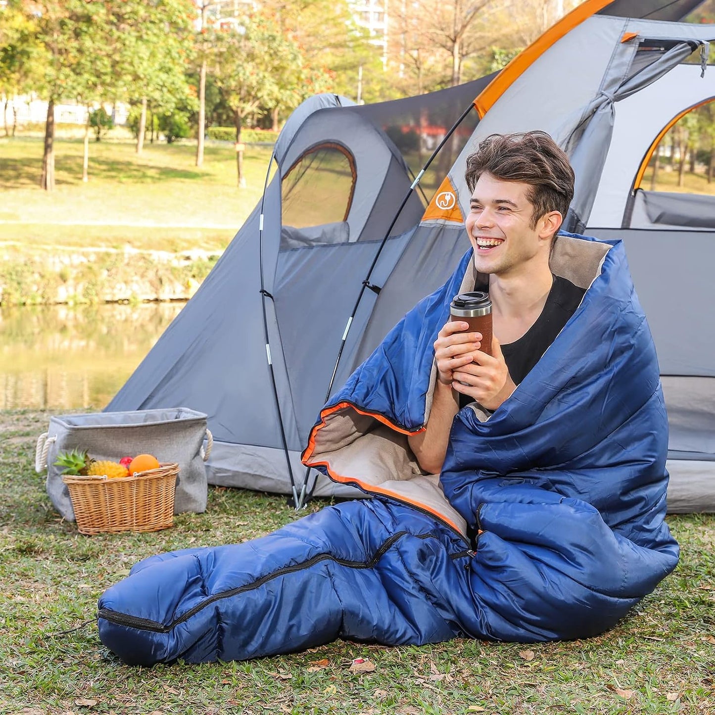 Amazon Basics 30°F Cool Weather Sleeping Bag for Adults, Warm and Comfortable, Compact Lightweight, 75" x 33", Blue
