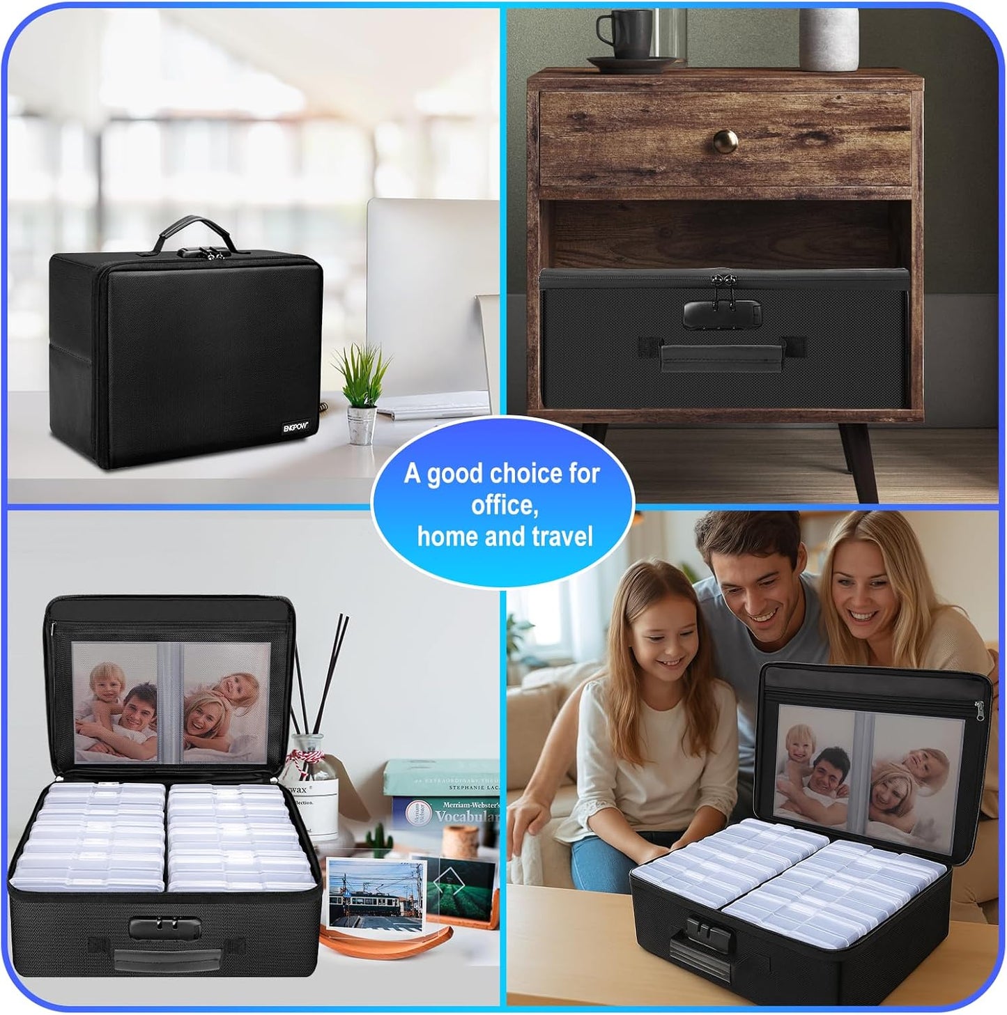 ENGPOW Fireproof Photo Storage Box with 16 Inner 4" x 6" Photo Case(Clear),Photo Box Organizer with Lock,Collapsible Portable Photo Storage Containers with Handle for Photos,Picture,Valuables