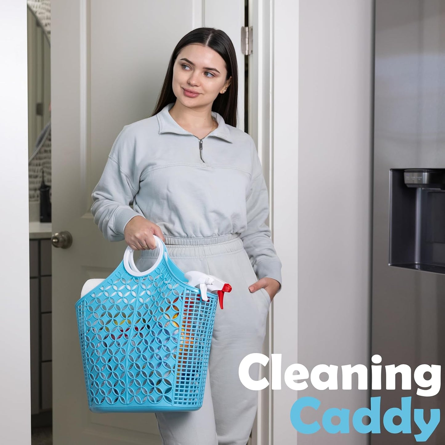 Fox Run Blue Cleaning Caddy, Laundry and Produce Basket with Built-In Handles, 6" x 14" x 18"