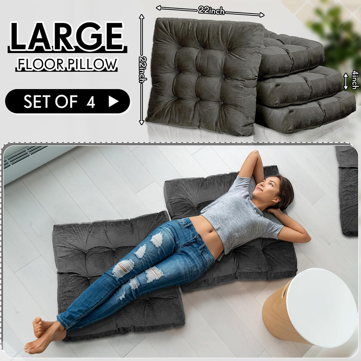 Jerify Dark Grey 4 Pcs Large Floor Pillow Cushion,Square 22 x 22