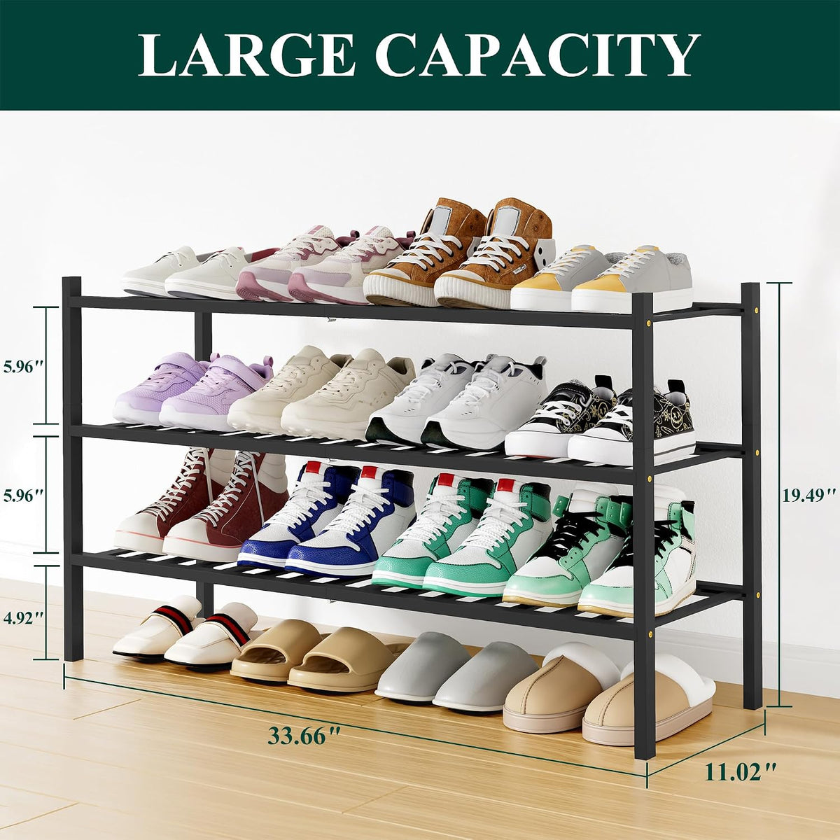 Smiry Bamboo Shoe Rack, 16 Vertical Slats, 3 Tier - 33.7" Wide, Black