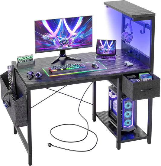 TIQLAB Gaming Desk 40 inch with Power Outlet and LED Light, Computer Desk with Reversible Shelves and Storage Drawer, Small PC Desk for Home Office Table with Bag, Carbon Fiber Black