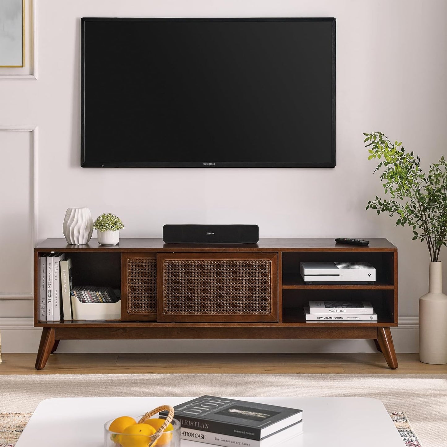 LKTART 59" Rattan Mid Century TV Stand,Entertainment Center,Media Console | Real Wood Veneer Mid Century Modern TV Stand for Living Room,Rattan Media Console Cabinet with Solid Wood Legs,Dark Walnut