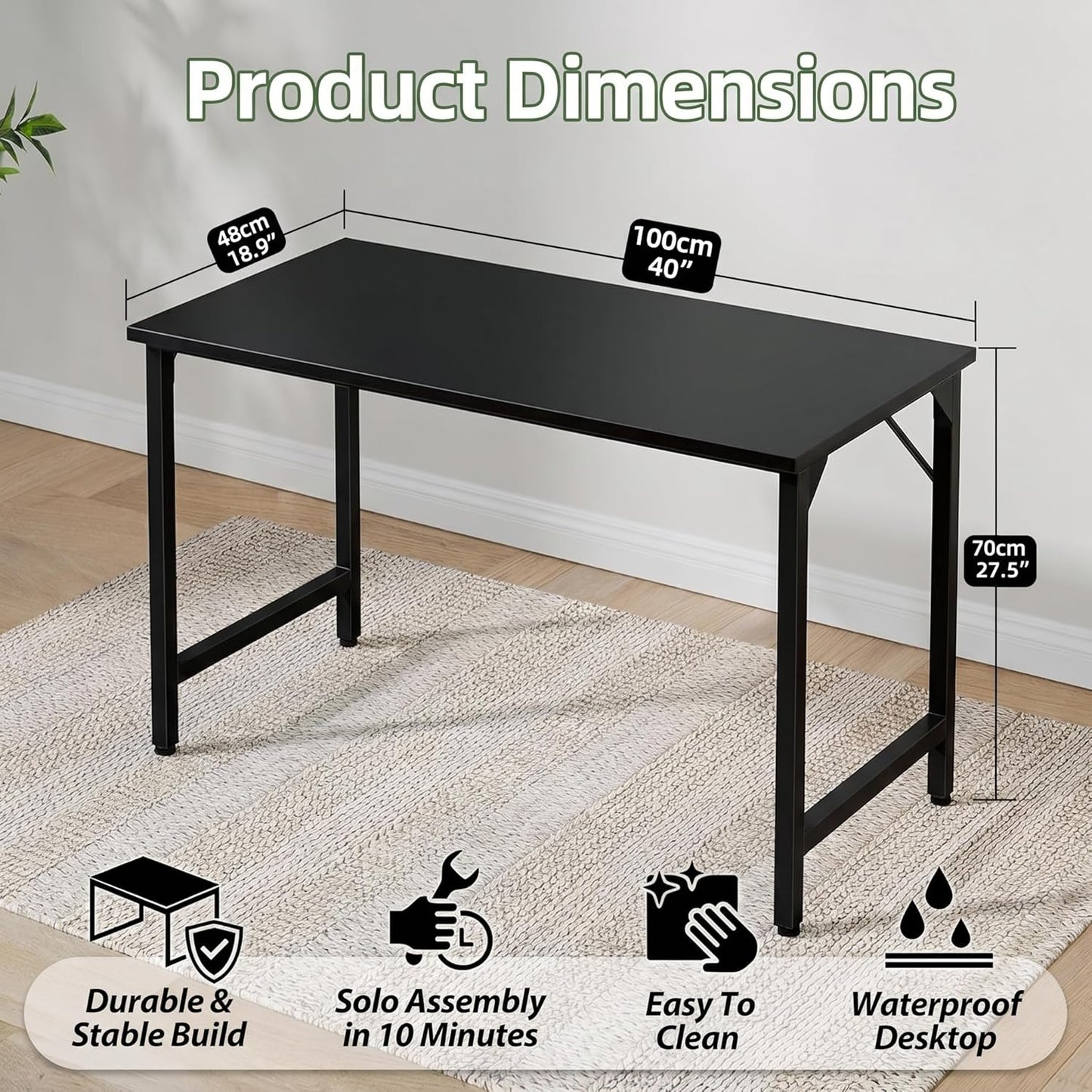 Grandder Small Office Computer Desk, 40 Inch Morden Simple Writing Study Table for Home Bedroom, PC Gaming Desk with Adjustable Feet and Sturdy Metal Frame, Black