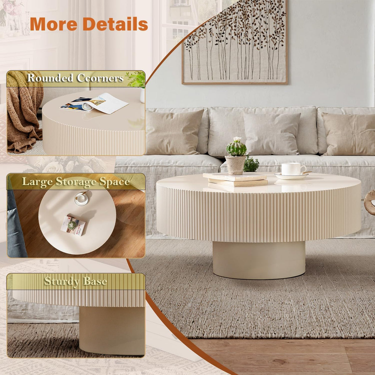 30.9" Cream Rustic Drum Round Coffee Table (C30.9in)