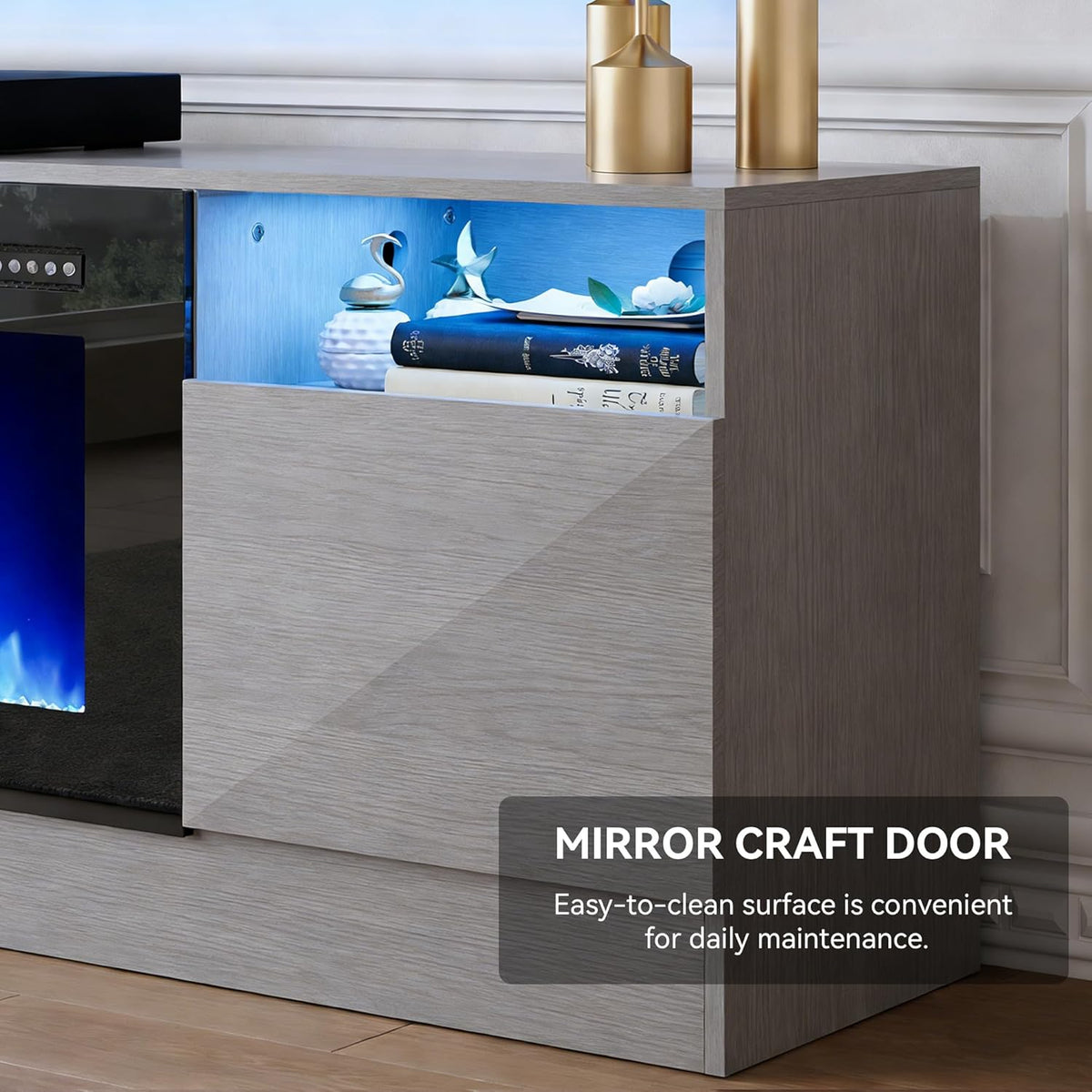 70" TV Stand with 36" Electric Fireplace, Large Modern Media Entertainment Center with Storage Cabinet and 12 Colors LED Lights for TVs Up to 80",Grey and Black