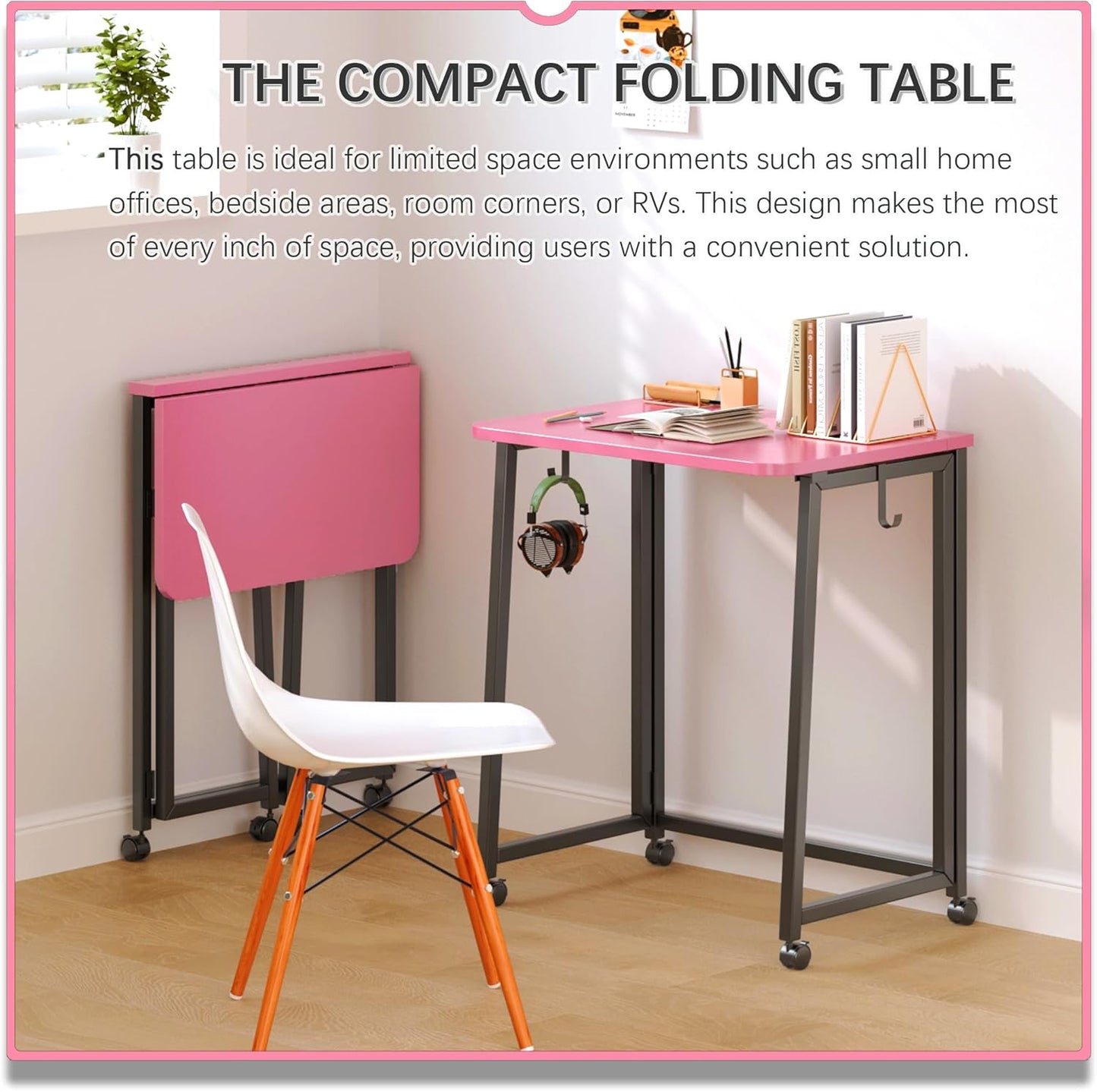4NM 23.6" Mobile Small Folding Desk, Foldable Rolling Computer Home Office Desk, Study Writing Table for Small Space Saving Bedroom, with Wheels - Pink and Black
