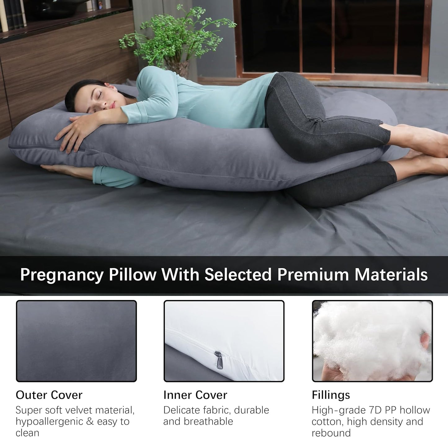 MOON PARK Pregnancy Pillows for Sleeping - U Shaped Full Body Maternity Pillow with Removable Cover - Support for Back, Legs, Belly, Hips - 57 Inch Pregnancy Pillow for Women - Dark Grey