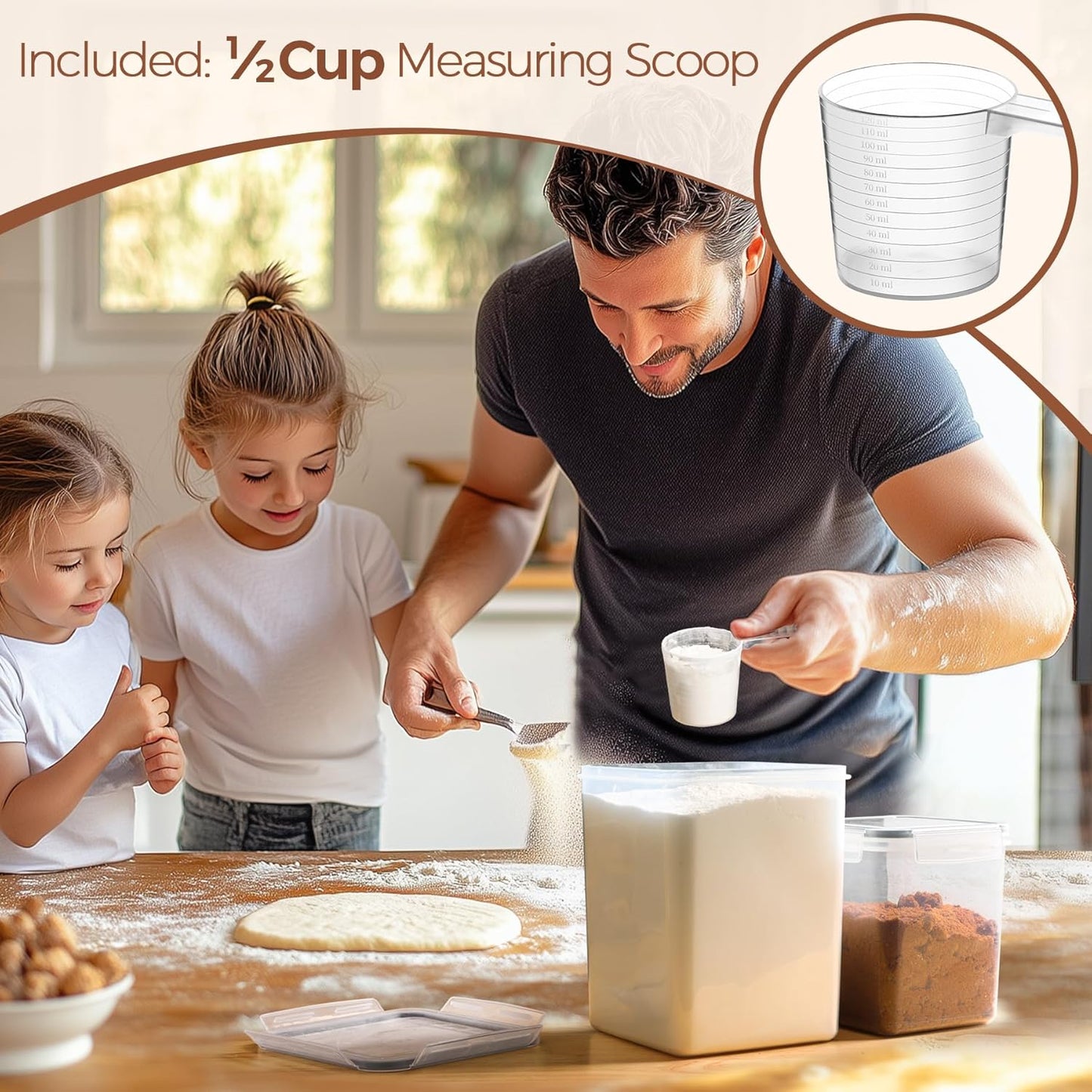 3 PCS Airtight Flour and Sugar Container for Pantry - 5lb Flour Capacity - 7.1 Inch Extra Wide Mouth Square Pantry Storage - Set of 3 (5.2L/5.5Qt) (2.5L/2.6Qt*2) - Stackable Baking Supplies Organizer