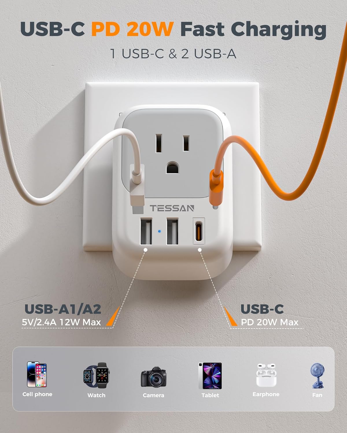 TESSAN 2 Pack European Travel Plug Adapter, Europe Power Converter 4 Outlets 3 USB(1 USB C PD 20W), Type C International Adaptor to Italy Spain France Portugal Iceland Germany, EU Travel Essentials