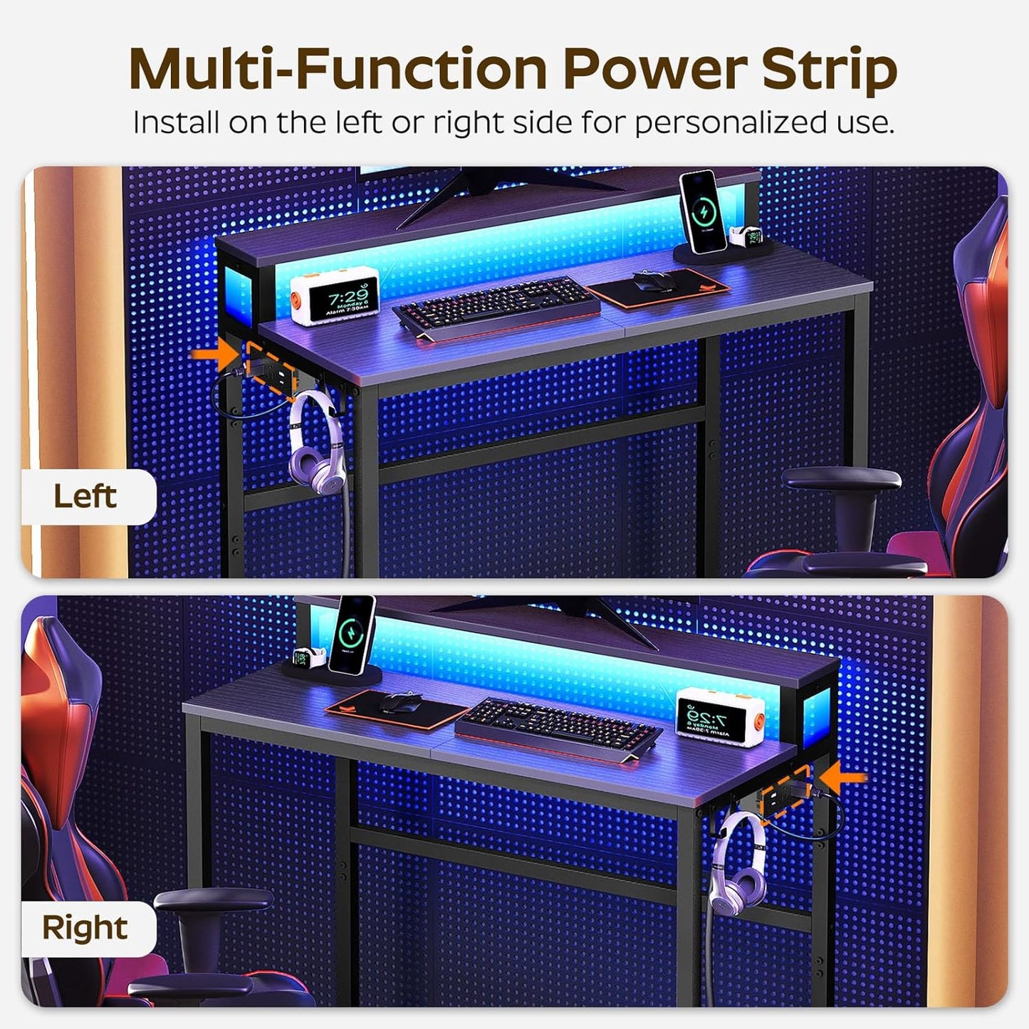 YATINEY Small Computer Desk with Charging Station and LED Lights, Gaming Desk with Monitor Stand, 2-Tier Home Office Desk with 4 Side Hooks, for Living Room, Home Office, Black DN01UDBBY2