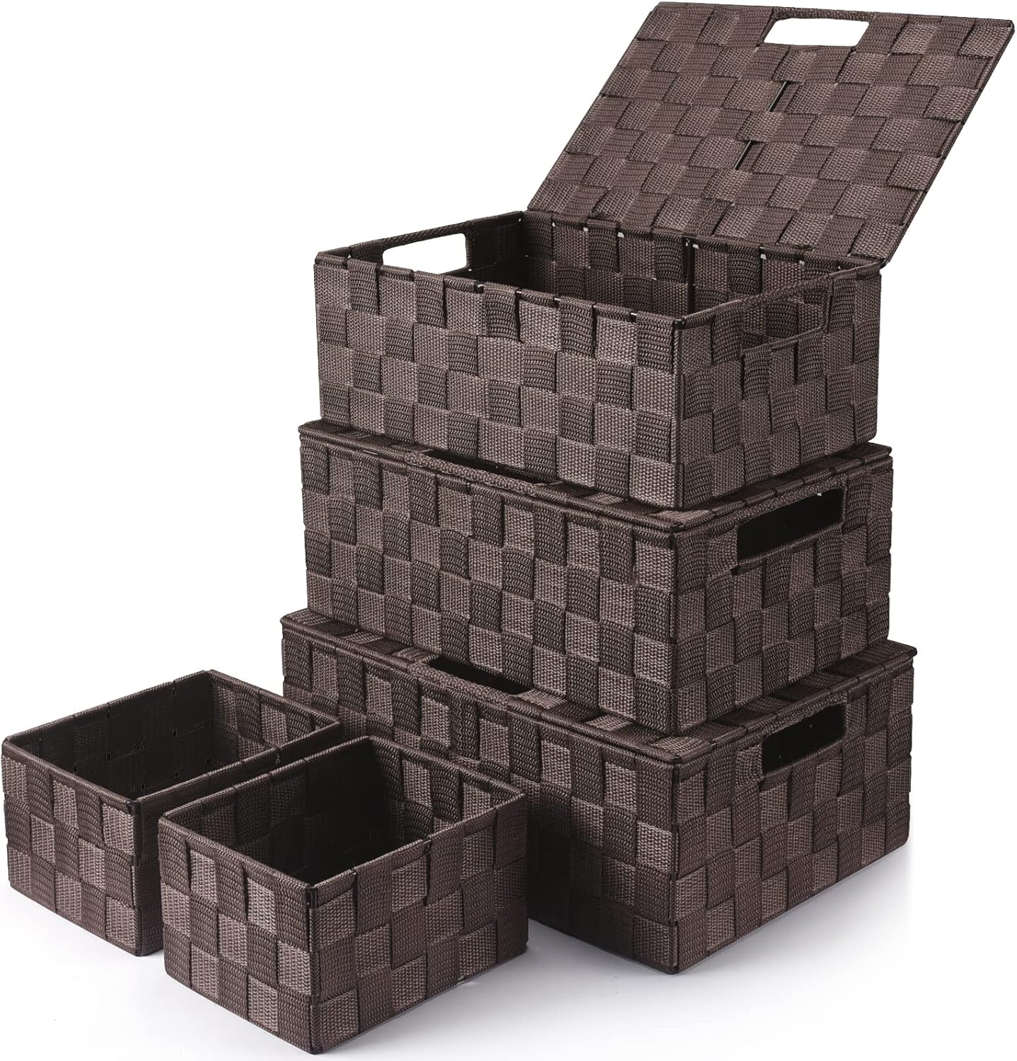 Storage Baskets with Lids: 5 Pack Stackable Woven Storage Bins, Brown