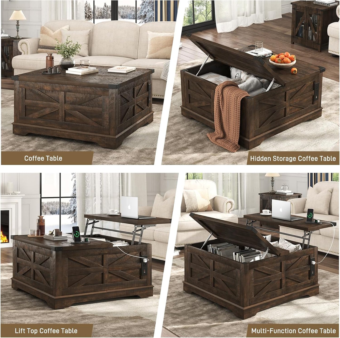 Hlivelood 36" Farmhouse Movable Lift Top Coffee Table with Storage and Power Outlets, Square Wood Living Room Tables with Wheels&Large Hidden Space, Lift Wooden Barn Door Center Table, Brown