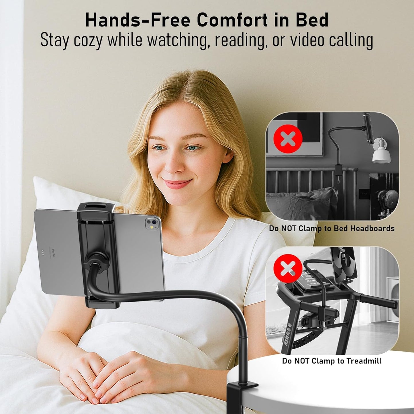 Tablet Stand for Desk, Gooseneck iPad Holder Clamp Mount, 360° Adjustable Arm Mount for iPad Pro/Air/Mini, Kindle Fire, Galaxy Tabs, 4.7"-13.5" Tablets, for Kitchen, Work, Video Call, Bed